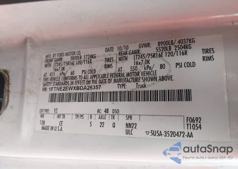 2011 Ford E-250 Commercial from USA, damaged, VIN 1FTNE2EWXBDA26357